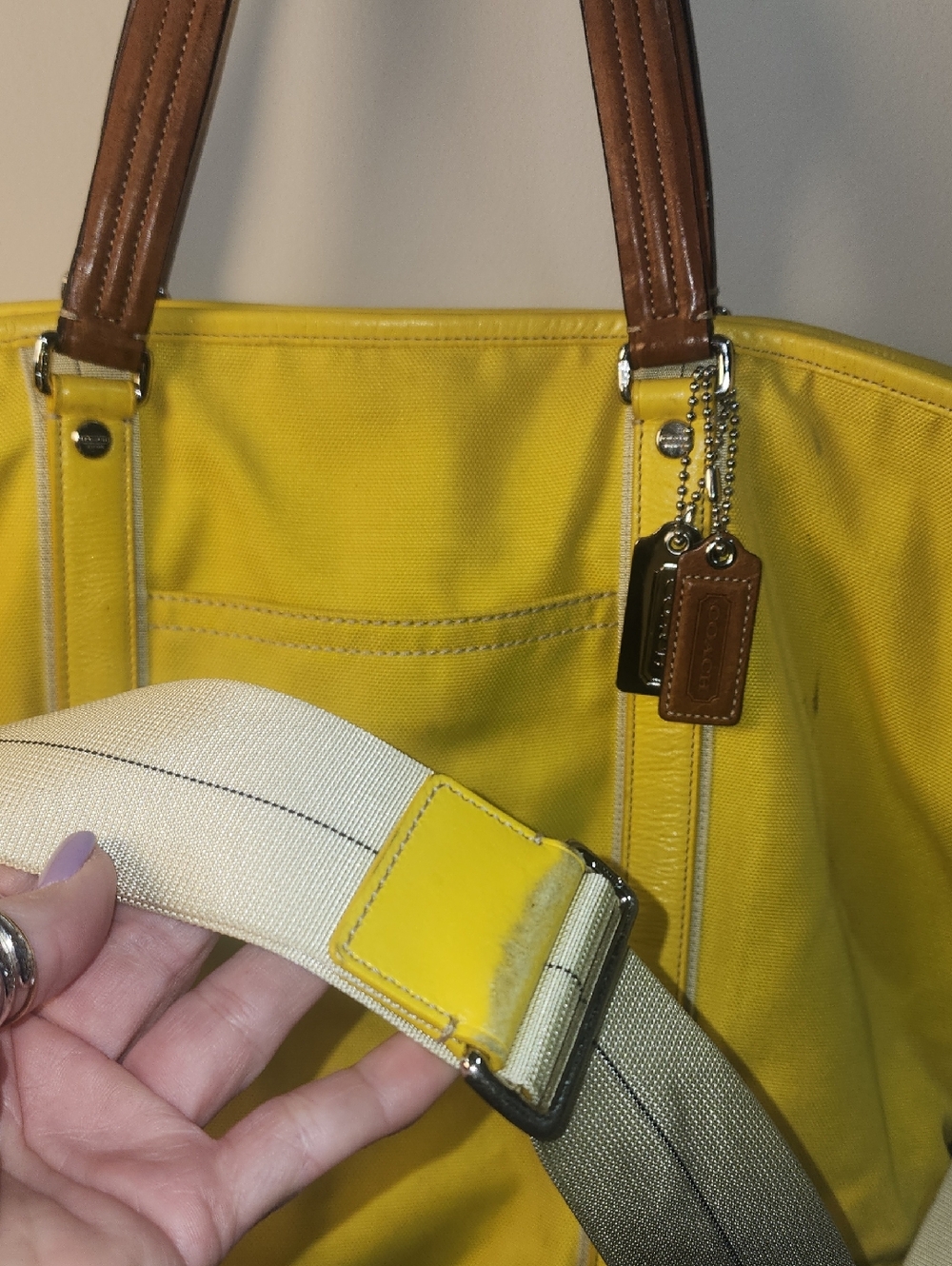 Coach Huge Yellow Canvas Tote Brown Leather Handles Travel Shoulder Strap Silver - Picture 5 of 17